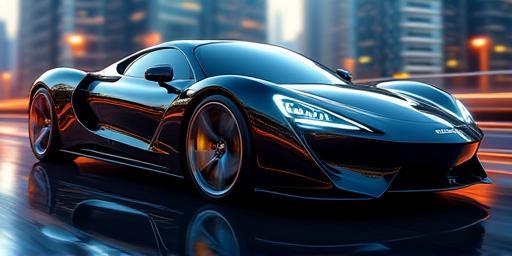 Highly polished car reflecting cityscape